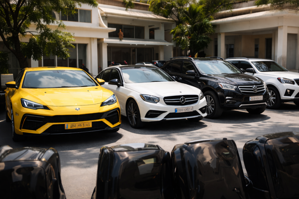 Luxury cars including a yellow Lamborghini and Mercedes parked outside a residence during an Enforcement Directorate investigation related to an online betting case in India