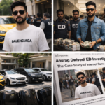 Anurag Dwivedi standing in front of Enforcement Directorate officials during an alleged online betting investigation, luxury lifestyle and legal case study image