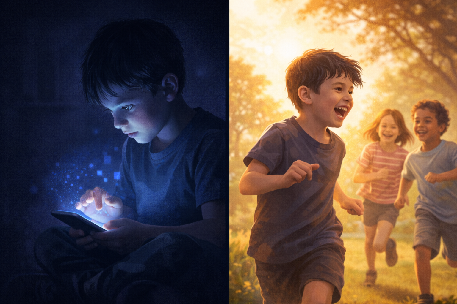 Split-screen illustration showing the impact of screen addiction on children, with a child isolated indoors using a smartphone in dark blue light contrasted against the same child playing outdoors with friends in a sunny park.