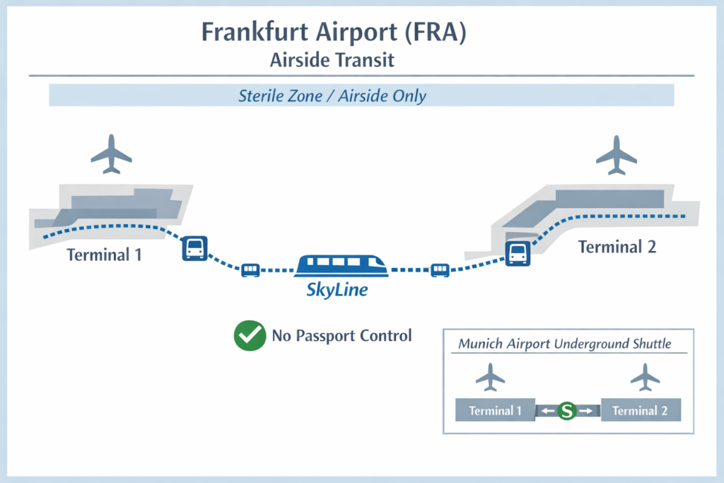 Simplified Frankfurt Airport airside map showing Terminal 1 to Terminal 2 transfer via SkyLine train, marked as sterile zone with no passport control.