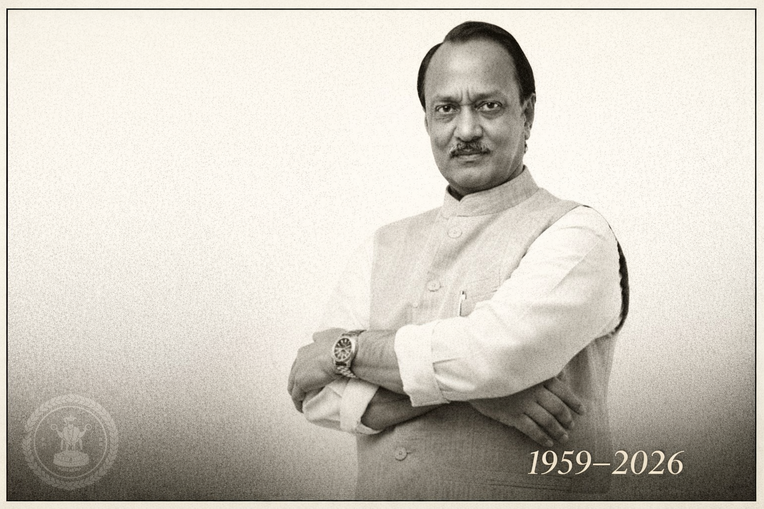 Sepia-toned editorial portrait of a senior Indian statesman with arms crossed, framed by a thin black mourning border, featuring the years 1959–2026 and a subtle Maharashtra state emblem watermark.