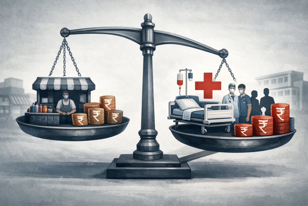 Editorial illustration of a weighing scale comparing small trader livelihoods with larger public healthcare and human costs, tipping toward healthcare burden.