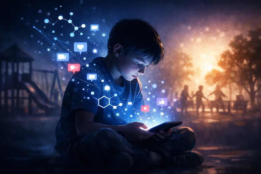 Editorial illustration of a child using a smartphone at night, surrounded by digital notification symbols, highlighting the effects of screen addiction on children and the loss of real-world experiences.
