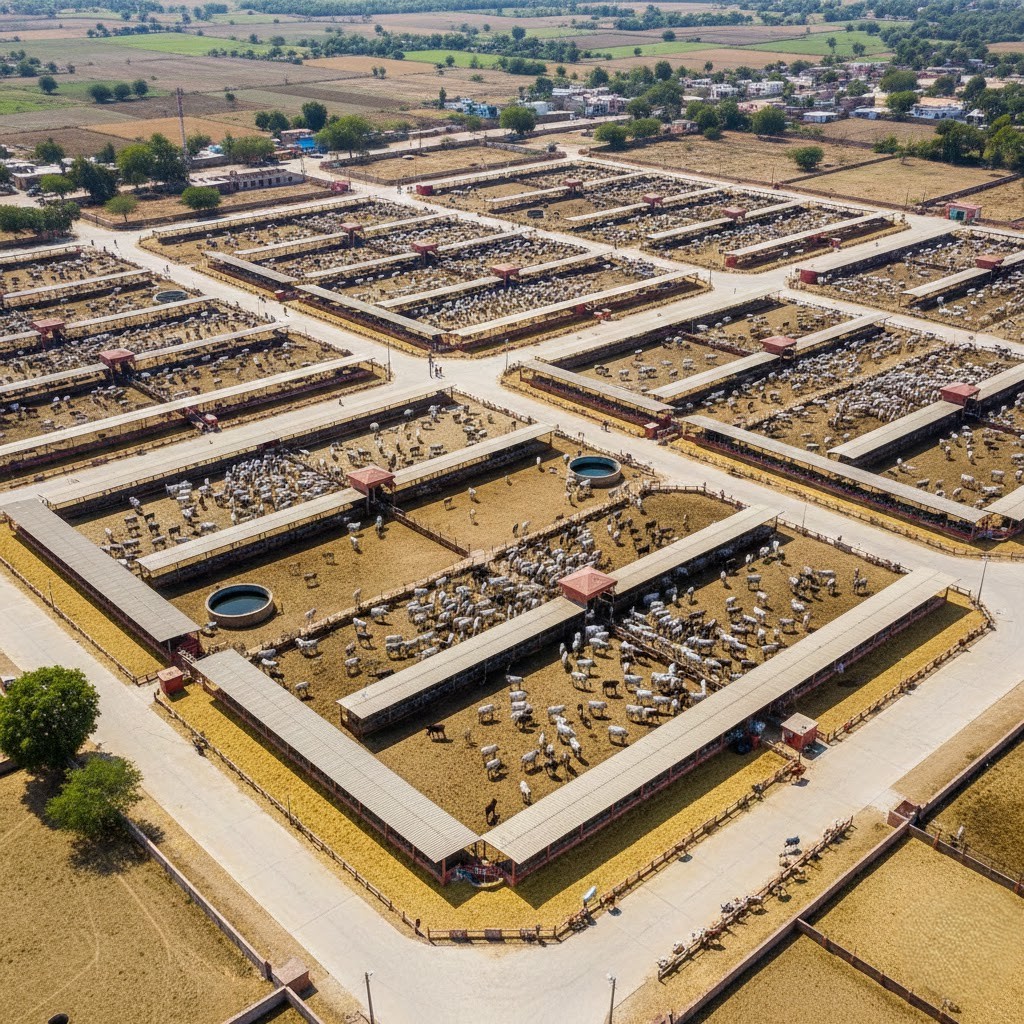 A high-angle aerial view of a massive, well-organized cattle shelter in Gujarat, India. The facility features numerous rectangular paddocks with white cows, long feeding troughs under sheltered roofs, and paved walkways. The surrounding landscape consists of dry, earthy rural fields under bright, direct sunlight.