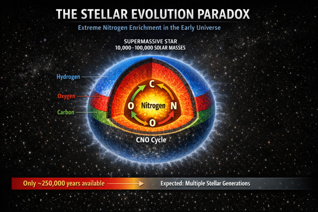 Scientific infographic of a supermassive star cross-section showing the CNO cycle and highlighted nitrogen enrichment, with a timeline comparing a short ~250,000-year lifespan to expected multiple stellar generations.