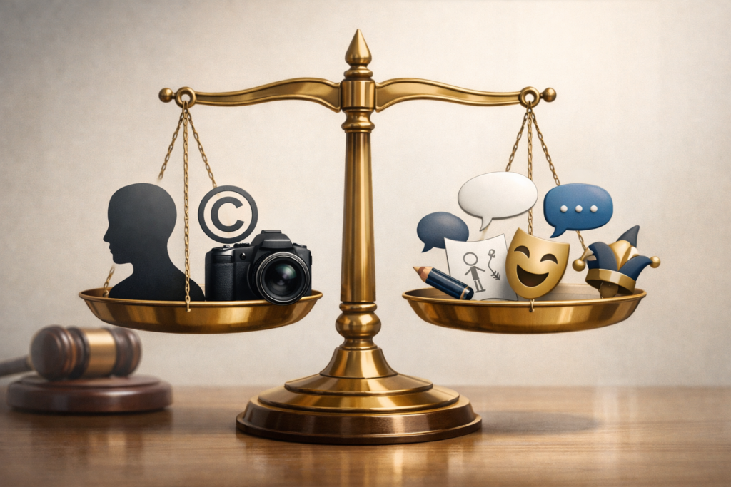 Balanced justice scale illustrating the equilibrium between personality rights and free speech, with symbolic legal and creative elements in a calm, modern courtroom setting.