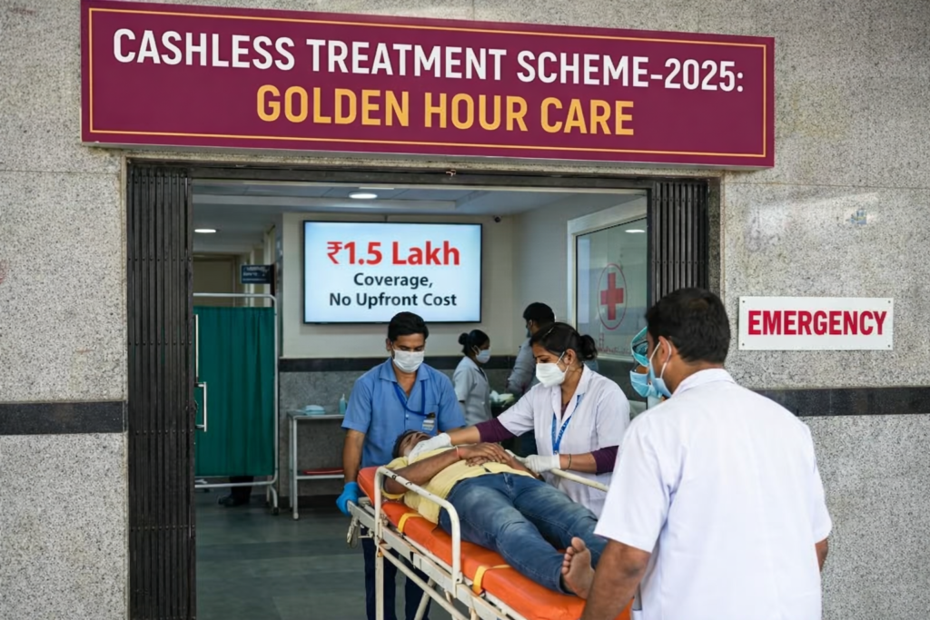 Hospital emergency entrance with a sign reading “Cashless Treatment Scheme–2025: Golden Hour Care.” Medical staff wearing masks wheel a patient on a stretcher into the emergency area, while a digital screen inside displays “₹1.5 Lakh Coverage, No Upfront Cost.”
