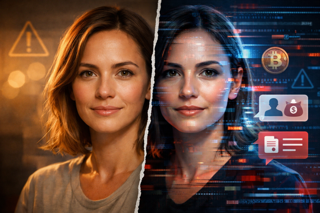 Split-screen editorial image showing a real content creator on one side and a digitally distorted AI deepfake on the other, highlighting the risk of online impersonation.