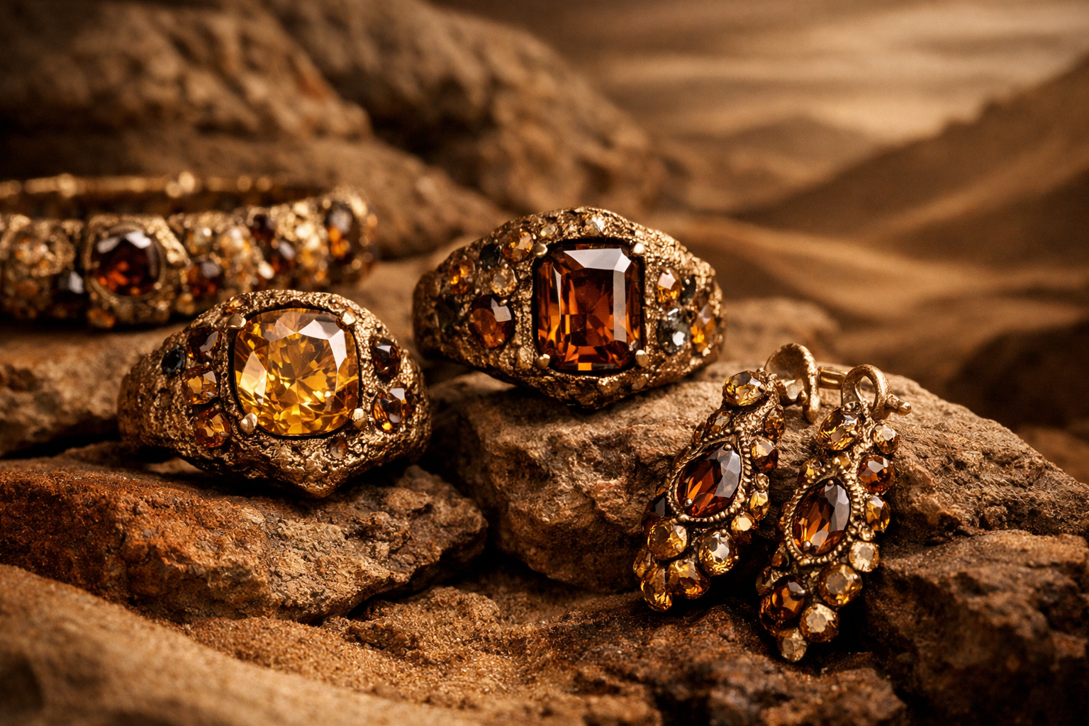 Close-up luxury photograph of warm-toned diamond jewelry in honey, whiskey, and cognac hues, set in raw, desert rock–inspired gold with moody lighting.