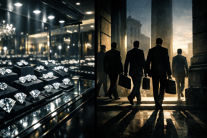 Split-screen illustration showing a luxury diamond showroom on one side and shadowy government officials entering a large institutional building at dawn on the other.