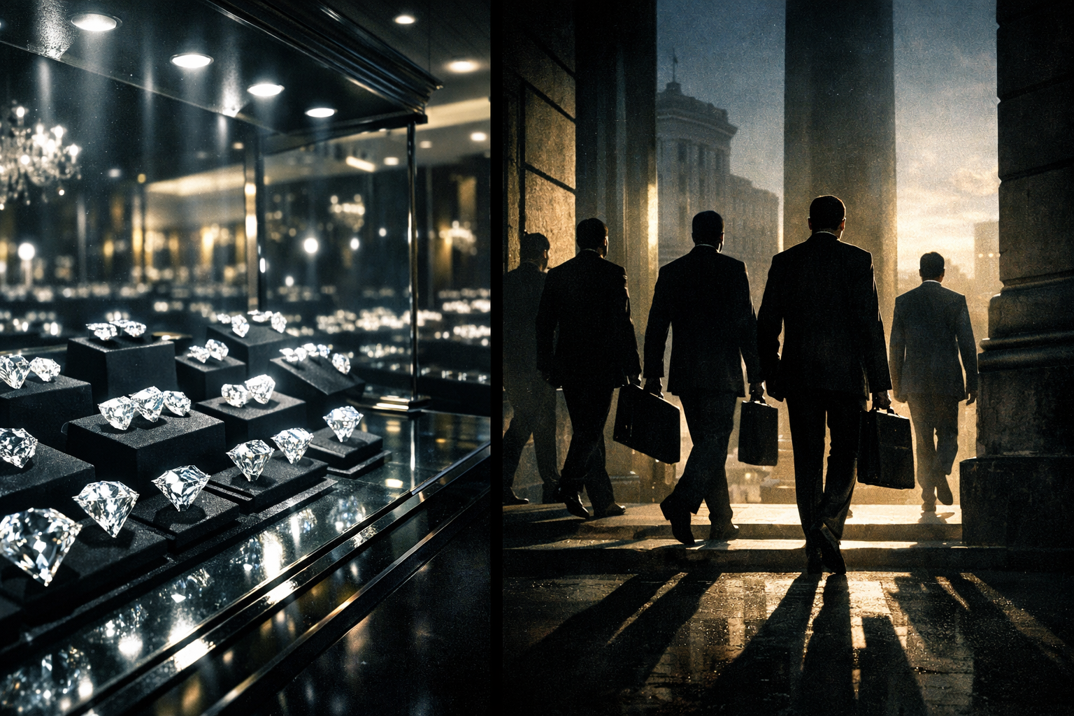 Split-screen illustration showing a luxury diamond showroom on one side and shadowy government officials entering a large institutional building at dawn on the other.