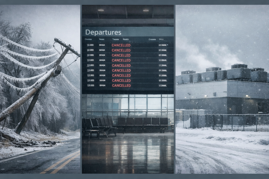 A three-panel photo collage showing ice-covered power lines, a nearly empty airport terminal with multiple flight cancellations, and a snow-covered data center, illustrating infrastructure disruption during a severe winter storm.