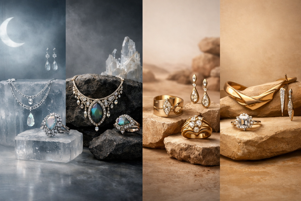 Luxury jewelry evolution from 2023 to 2026, shown as a refined editorial timeline transitioning from cool, mystical designs to warm, sculptural diamond pieces in golden desert tones.
