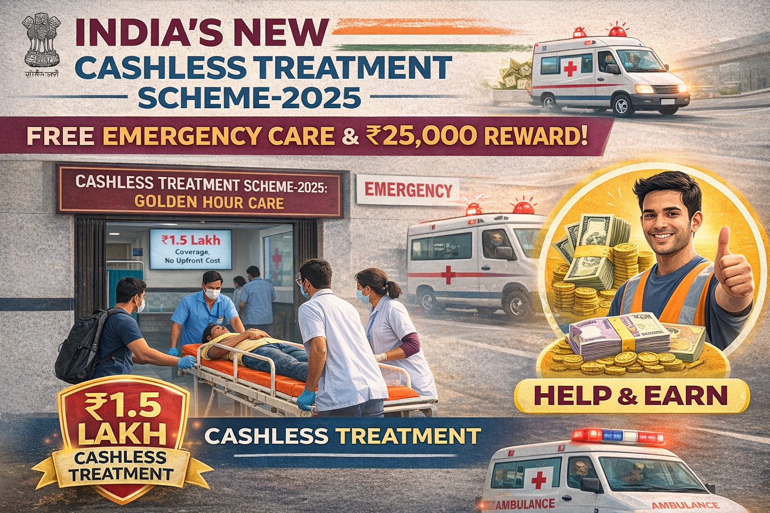 Hospital emergency entrance with a sign reading “Cashless Treatment Scheme–2025: Golden Hour Care.” Medical staff wearing masks wheel a patient on a stretcher into the emergency area, while a digital screen inside displays “₹1.5 Lakh Coverage, No Upfront Cost.”