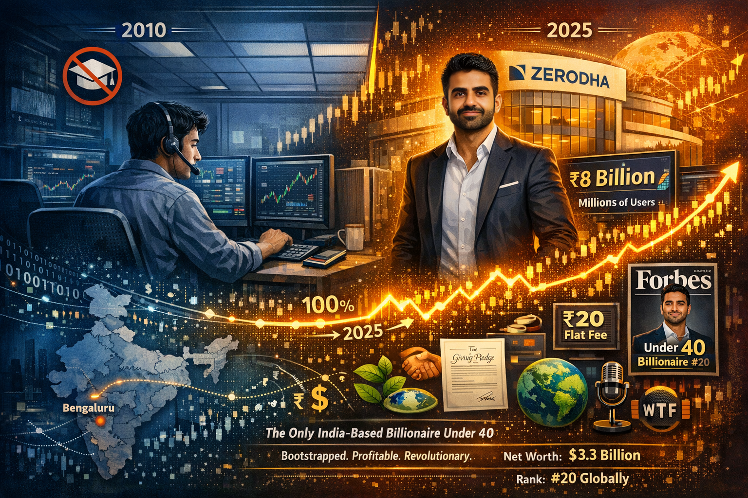 A split-screen digital illustration showing Nikhil Kamath in 2010 as a call center worker on the left, and as a successful billionaire entrepreneur in front of the Zerodha building in 2025 on the right.