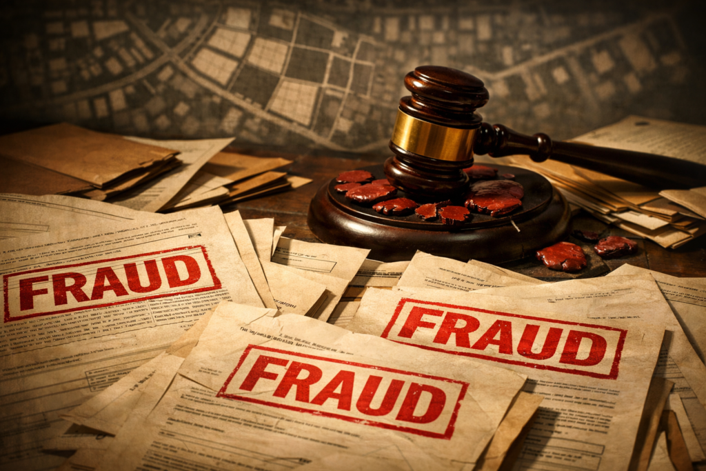 Sepia-toned legal papers stamped “FRAUD” in red lie beneath a judge’s gavel, with cracked wax seals and a blurred satellite-style land map in the background.