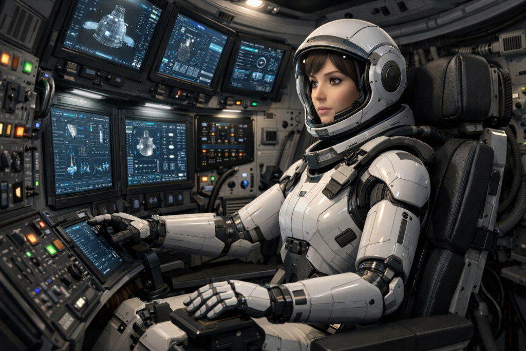 A half-humanoid space robot, Vyommitra, sits inside the cockpit of the Gaganyaan crew module, wearing a sleek spaceflight suit with robotic joints.