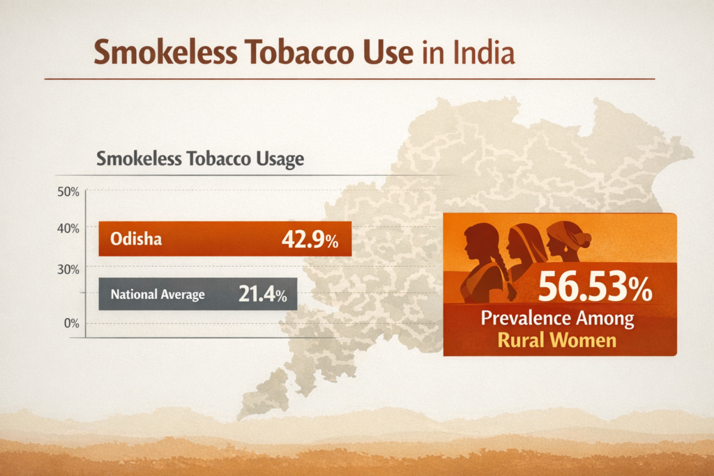 Bar chart comparing smokeless tobacco use in Odisha (42.9%) with the national average (21.4%), alongside a highlighted statistic showing 56.53% prevalence among rural women, set against a subtle map of Odisha.