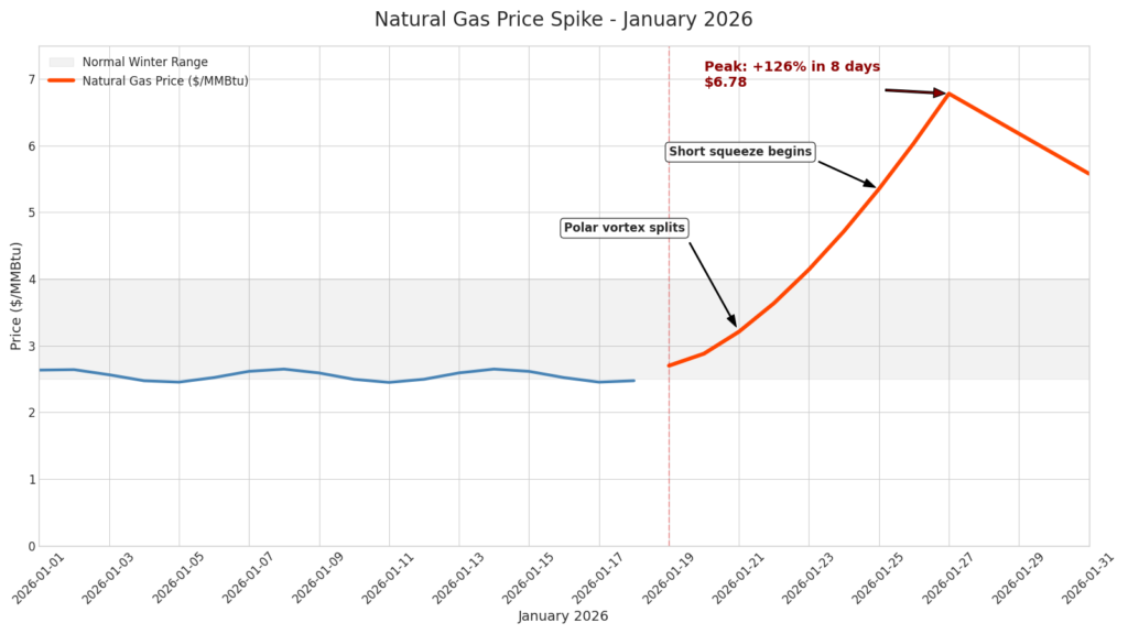 The line graph below illustrates the dramatic volatility in natural gas prices during January 2026, driven by a significant atmospheric disruption.