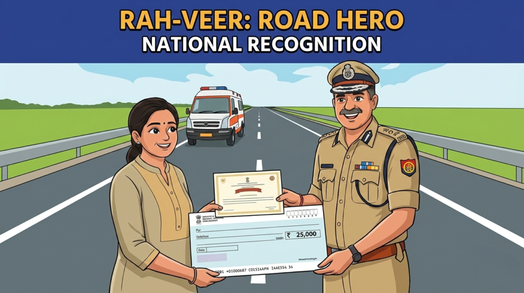 Illustration showing a Rah-Veer (road hero) receiving national recognition on a highway, where a police officer presents a certificate and a ₹25,000 cheque, with an ambulance visible in the background symbolizing lifesaving assistance after a road accident.