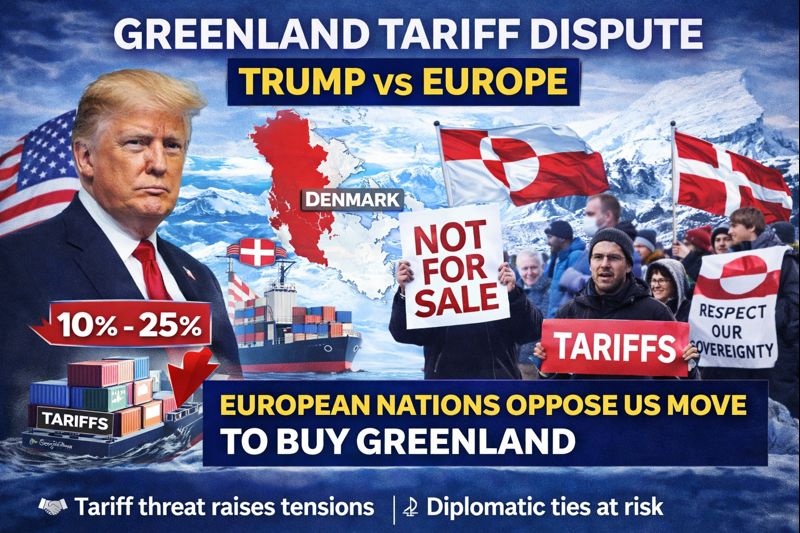 Donald Trump announcing tariffs on European countries over Greenland issue, highlighting rising US-Europe trade tensions and Greenland sovereignty dispute.