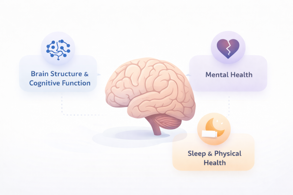 Clean infographic illustration explaining the impact of digital addiction on children, featuring a human brain with visual indicators for cognitive function, mental health, and sleep and physical health.