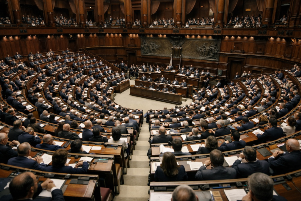 Wide, elevated view of the Italian Parliament chamber (Montecitorio) during an active legislative session, showing semicircular rows of seated deputies engaged in debate beneath classical wood-paneled architecture and warm indoor lighting.