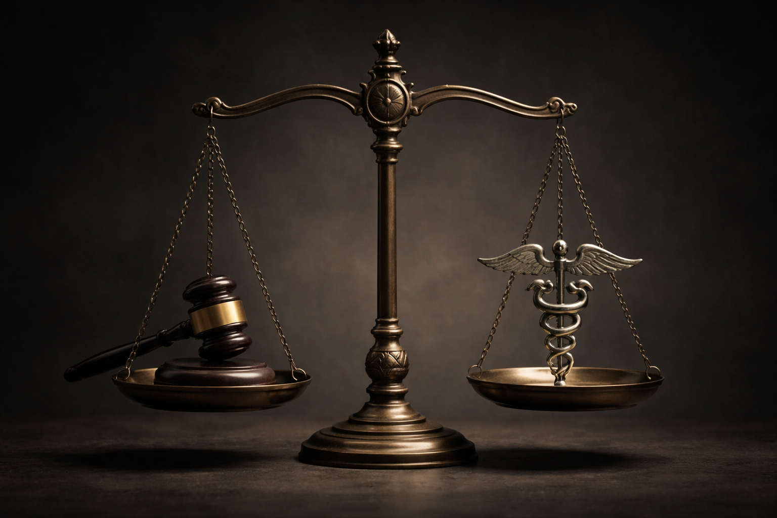 Balanced scales of justice holding a judge’s gavel on one side and a medical caduceus on the other, symbolizing the ethical balance between law and medicine.