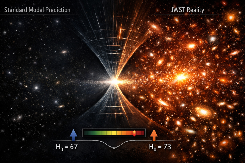 Split-screen cosmic illustration comparing the predicted sparse early universe (left) with the JWST-observed dense, vibrant early universe (right), highlighting the Hubble Tension with diverging measurement indicators.