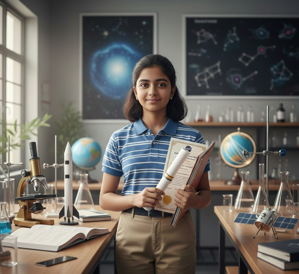 A realistic editorial-style portrait of 14-year-old student Mahi Bhatt standing confidently in a bright science laboratory. She is wearing a blue-and-white striped polo shirt and khaki trousers, holding a rolled NASA certificate and a research folder. The lab environment features a microscope, a model rocket, a globe, and star charts in the background, symbolizing her achievement in NASA’s Junior Scientist program.