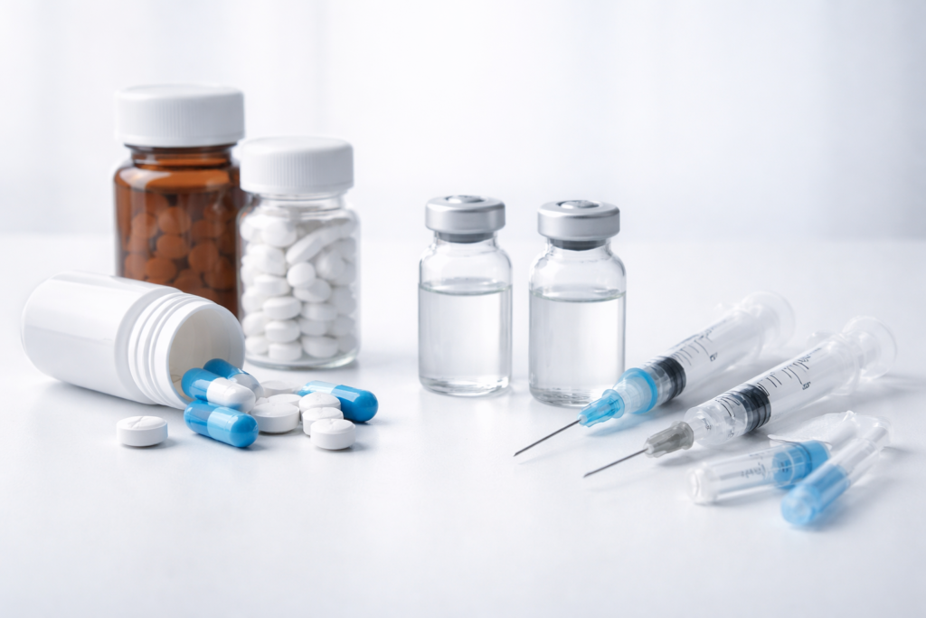 Clinical still-life photograph of unbranded medical vials, syringes, and prescription pill containers arranged on a sterile white surface under soft, diffused lighting, conveying a neutral and professional medical setting.