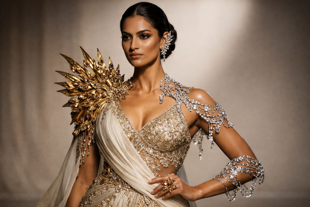 High-fashion couture runway look inspired by Indian craftsmanship, featuring a sculptural gown paired with elemental fine jewelry under warm, cinematic lighting.
