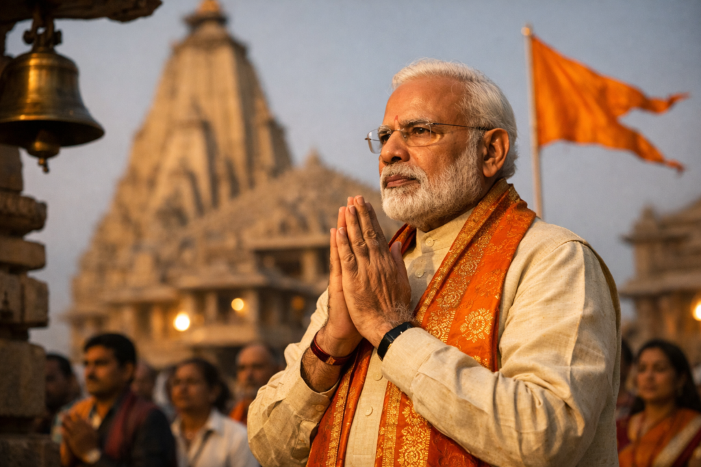 Prime Minister Narendra Modi offers prayers with folded hands during Swabhiman Parv 2026 at Somnath Temple, standing before the temple’s stone shikhara as a saffron flag flutters nearby, symbolizing spiritual devotion, national pride, and civilizational heritage.