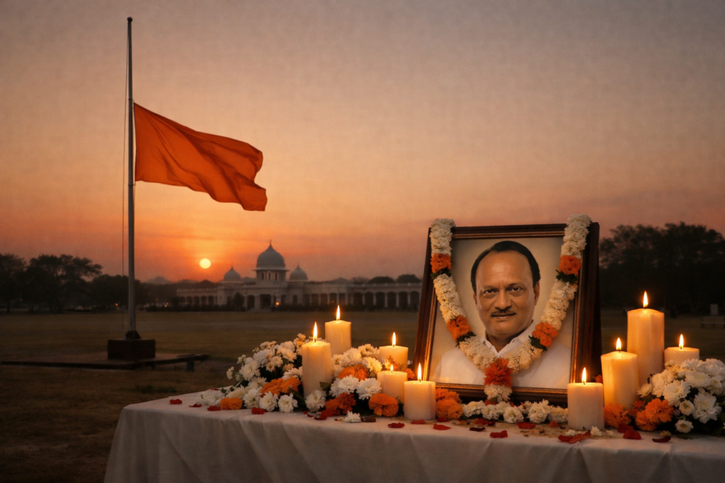 Maharashtra flag at half-mast beside a candlelit memorial with a framed portrait, set against a calm sunset sky, symbolizing state mourning and collective remembrance.