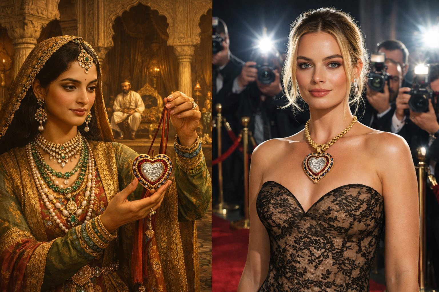 A split-screen illustration showing a Mughal noblewoman holding a heart-shaped diamond in a 17th-century court alongside a modern red-carpet celebrity wearing the same diamond as a necklace.