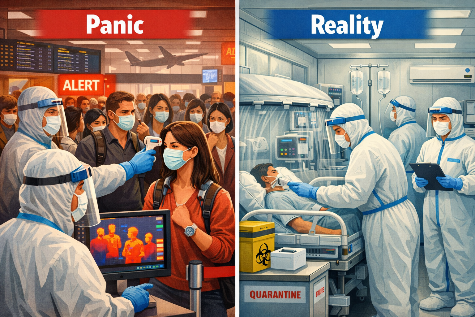 Split-screen infographic contrasting a chaotic airport scene with travelers undergoing thermal screening and health officials in protective gear on the left labeled "Panic," versus a calm, organized medical containment facility with doctors and nurses in full PPE on the right labeled "Reality."