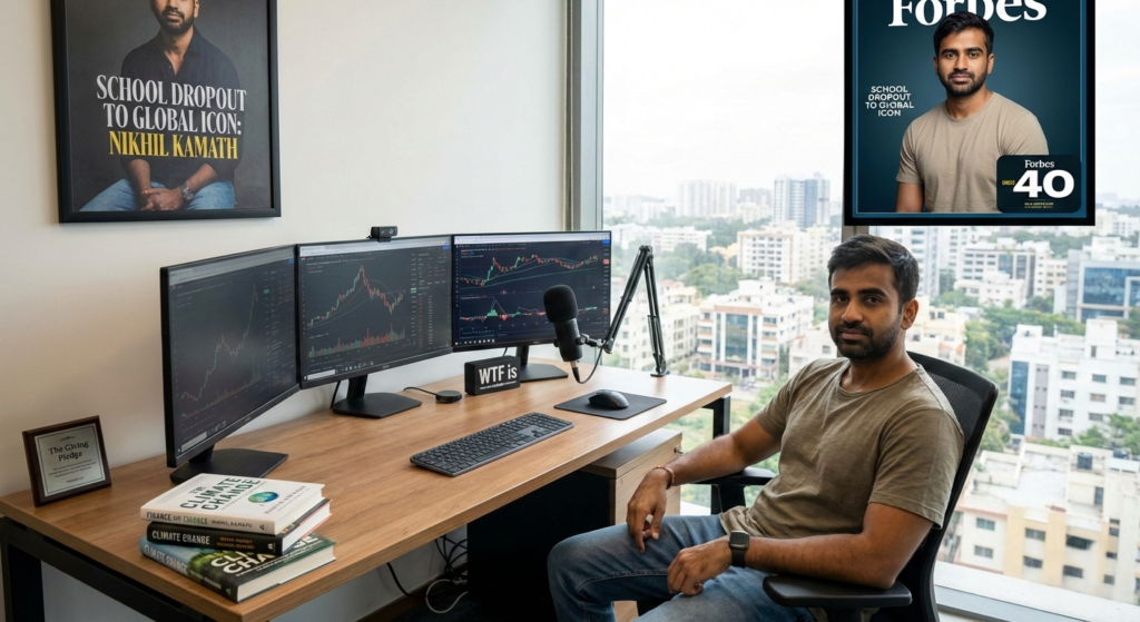 A man seated at a modern office desk with three computer monitors displaying stock market charts. A microphone, keyboard, and mouse are arranged neatly on the wooden desk, along with a small stack of books. Behind him, large windows show a cityscape of buildings. Framed posters on the wall feature magazine-style portraits with headlines about entrepreneurship and global success.