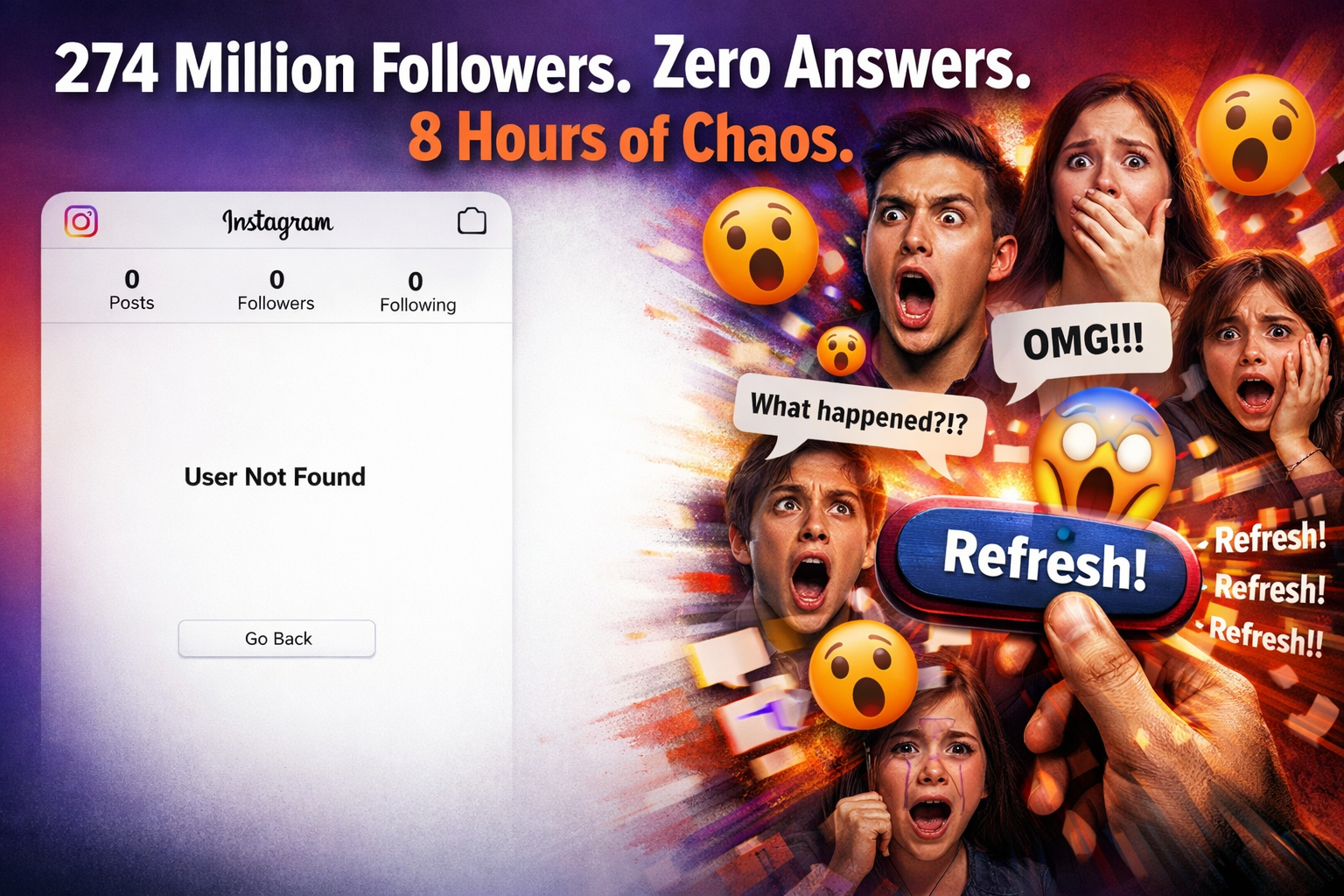 Split-screen illustration showing an Instagram “User Not Found” error on one side and panicked fan reactions with emojis and refresh buttons on the other, symbolizing a sudden social media disappearance.