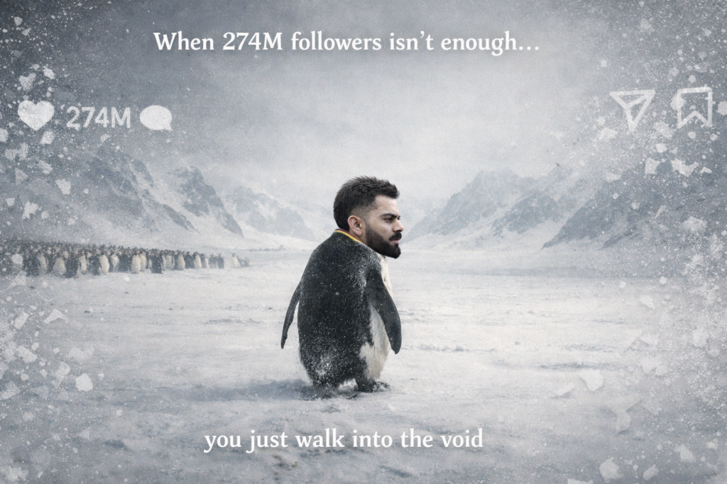 A solitary penguin with a human face walks away from its colony into a frozen Antarctic landscape, with fading social media icons dissolving into snow, symbolizing isolation and existential withdrawal.