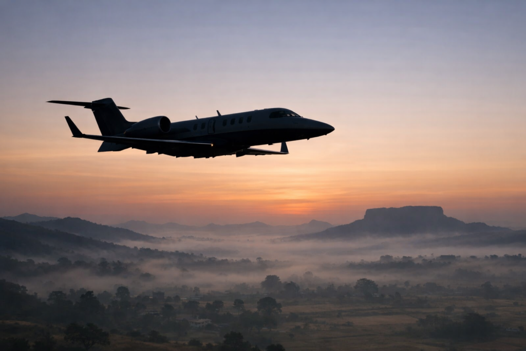 A Bombardier Learjet 45 silhouetted in flight at dawn over misty Maharashtra terrain, set against a soft orange-blue sky in a somber, reflective mood.