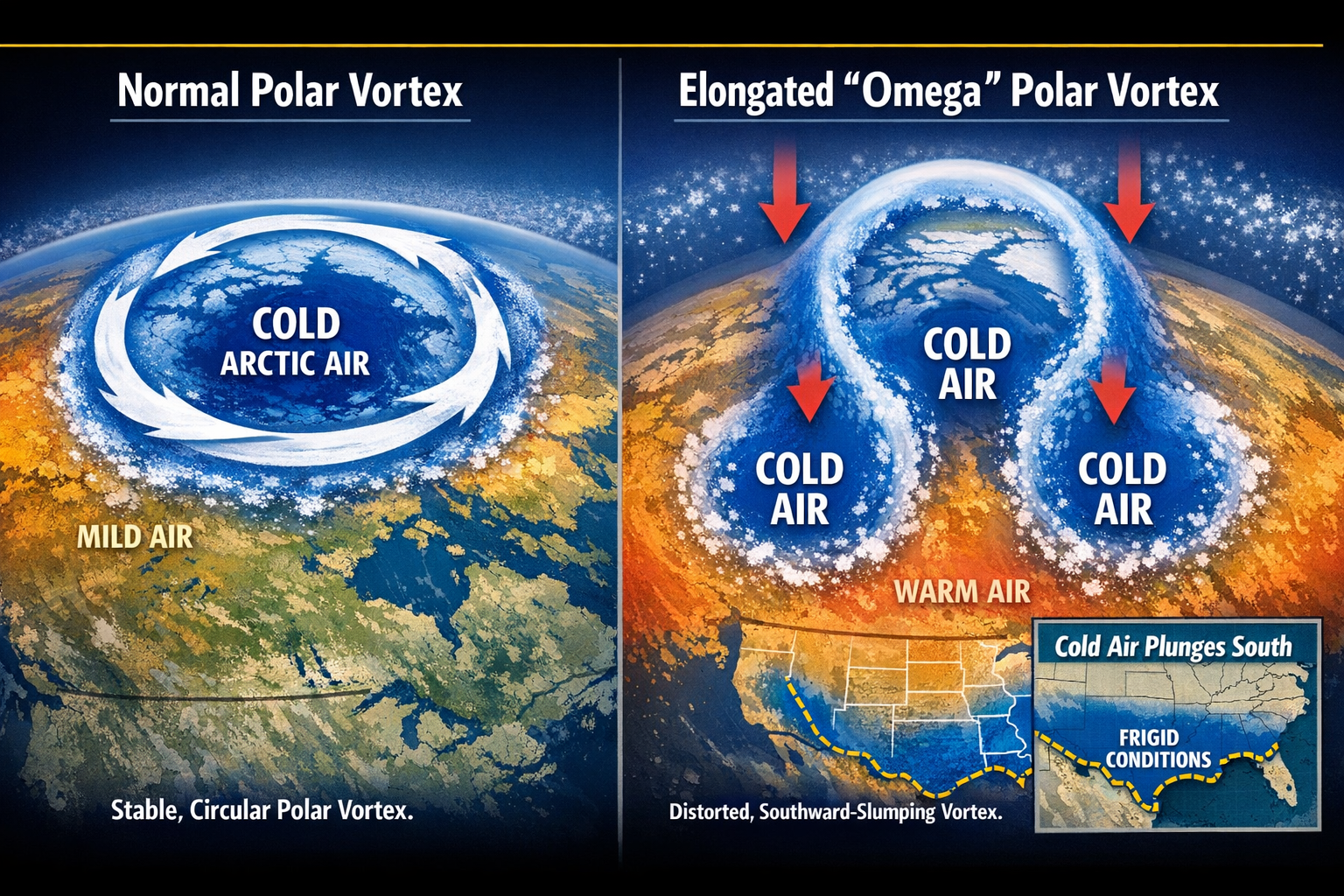 Split-screen infographic comparing a normal circular polar vortex with an elongated omega-shaped polar vortex. Left side shows stable Arctic air, right side shows cold air plunging south into the United States with inset map highlighting frigid conditions.