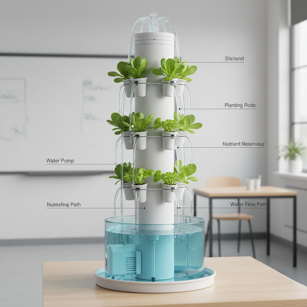 A technical visualization of a vertical hydroponics fountain system designed for educational science projects. The white cylindrical structure features multiple tiers of green leafy plants in pods with water cascading between levels like a fountain. Annotations point to key components including the water pump, nutrient reservoir, and flow paths, demonstrating sustainable agriculture methods suitable for space exploration life-support models.