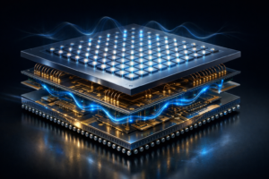 A high-detail 3D rendering of a superconducting quantum processor chip with a stacked flip-chip design, glowing blue qubits, gold interconnects, and visible signal flows, set against a dark, minimal background.