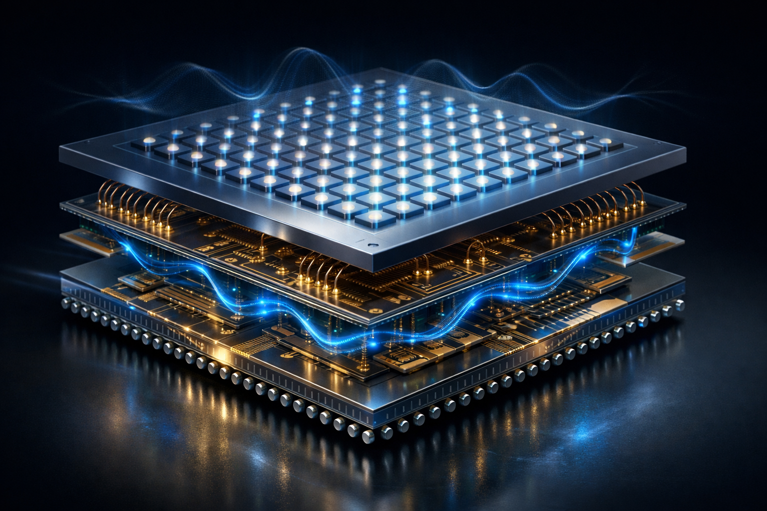 A high-detail 3D rendering of a superconducting quantum processor chip with a stacked flip-chip design, glowing blue qubits, gold interconnects, and visible signal flows, set against a dark, minimal background.