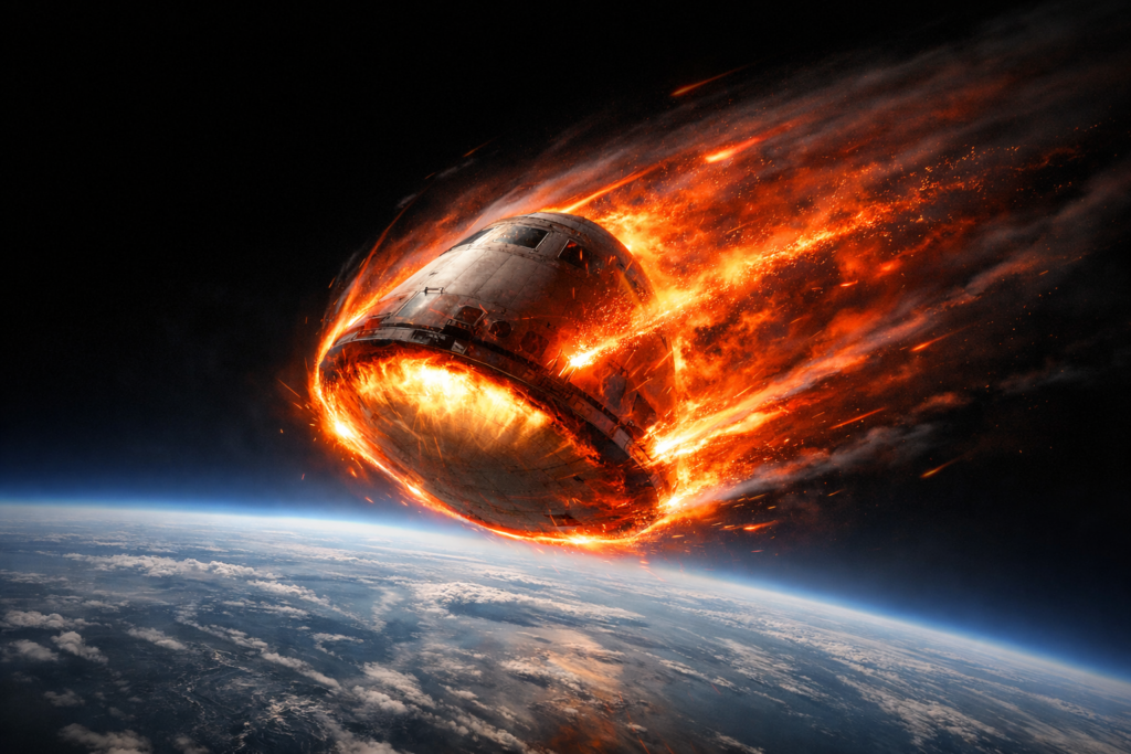 conical space capsule re-enters Earth’s atmosphere at extreme speed, wrapped in blazing orange-red plasma as its heat shield burns away.