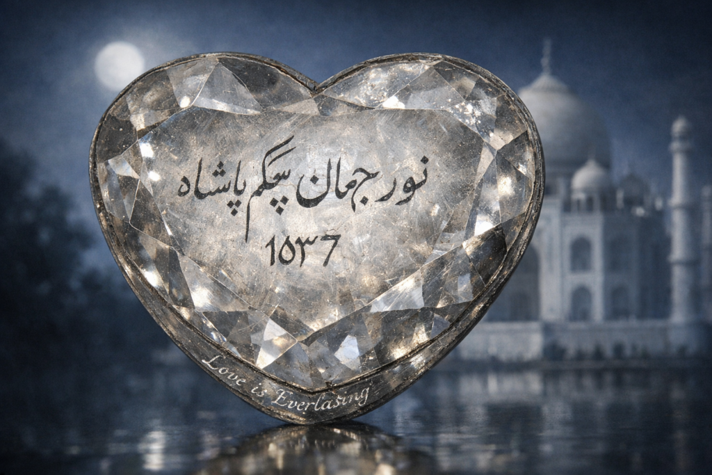 Heart-shaped Mughal diamond engraved with Persian inscription, set against a moonlit, blurred silhouette of the Taj Mahal.