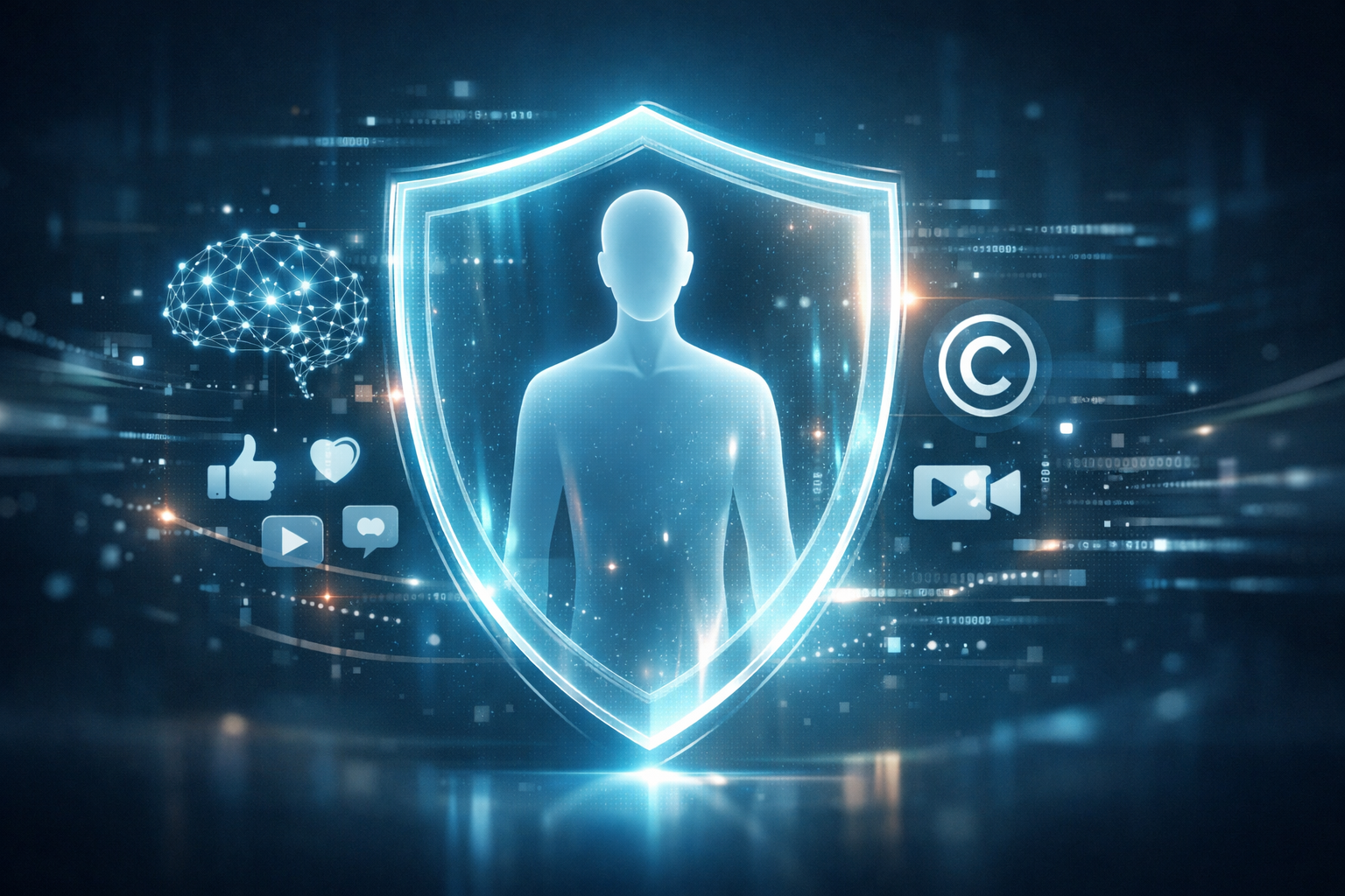 A futuristic illustration of a digital human avatar protected by a glowing shield, surrounded by AI, copyright, and social media symbols in a secure digital environment.