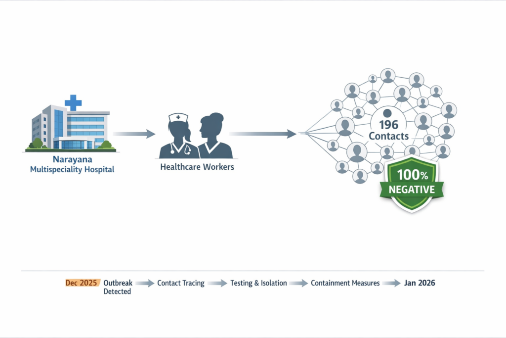 Infographic showing the containment of a hospital outbreak at Narayana Multispeciality Hospital, tracing healthcare workers to 196 contacts, all testing 100% negative, with a December 2025–January 2026 timeline.