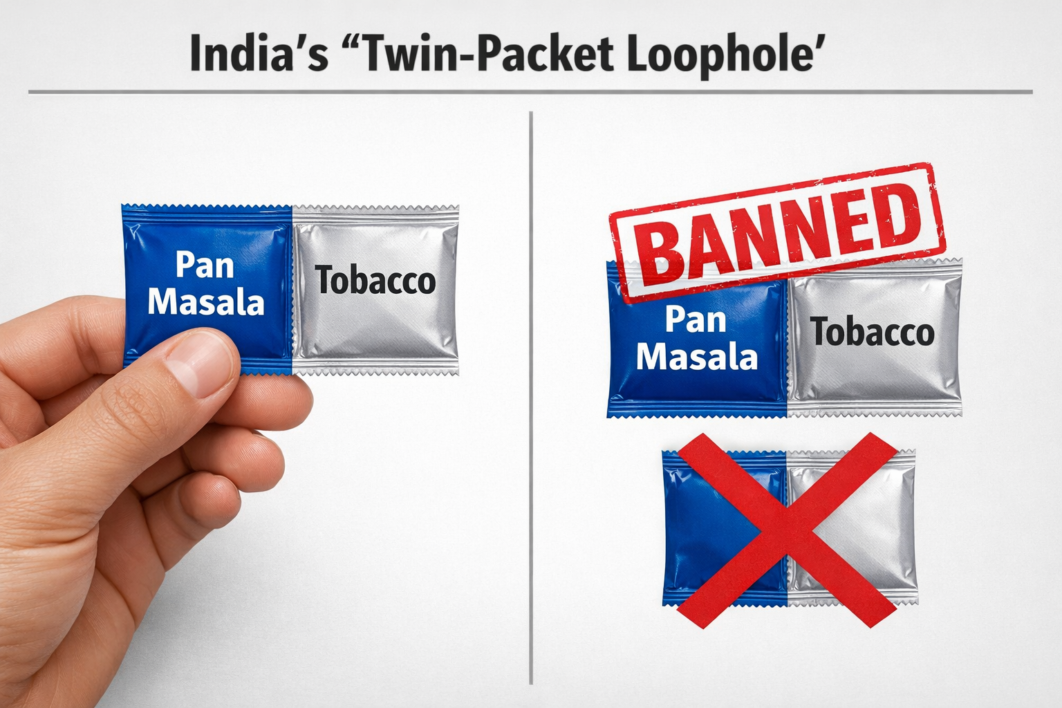 Split-screen infographic showing two sachets labeled “Pan Masala” and “Tobacco” held together on one side, and the same twin sachets marked with a red “BANNED” symbol on the other.