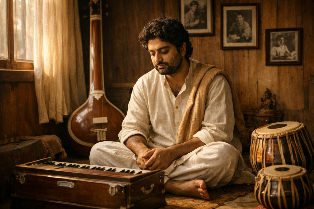 Indian classical singer seated cross-legged in a traditional music room, surrounded by tanpura, tabla, and harmonium, bathed in warm morning light, conveying calm devotion and artistic reflection.
